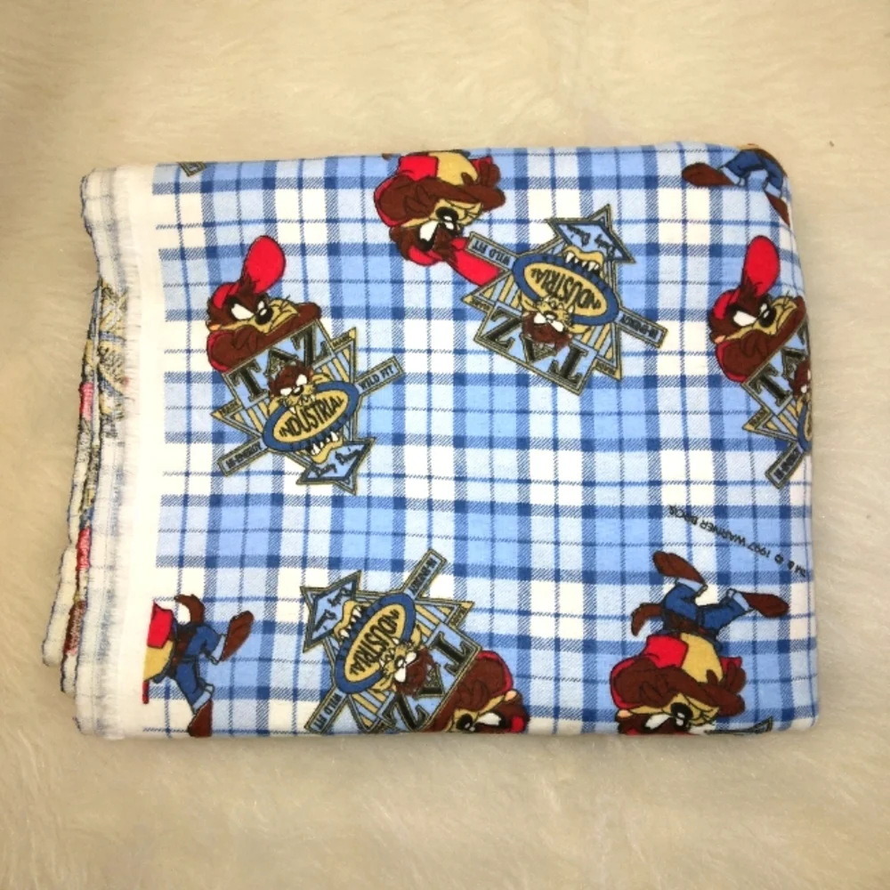 FABRIC Tasmanian Devil On Blue Plaid Flannel, Warner Brothers Licensed, c. 1997